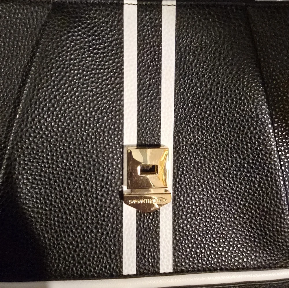 Samantha Vega B+W Leather Structured Satchel Crossbody Bag Tennis Lining